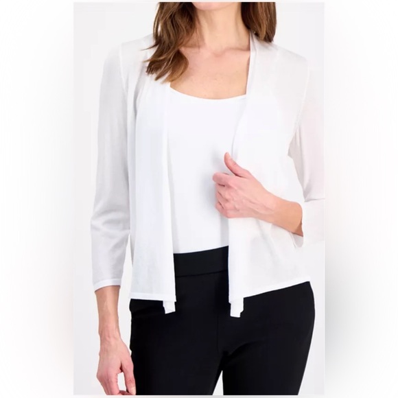 Kasper Sweaters - Kasper Womens Lurex Self Edge A-Line Modest Cardigan Lily White Size L
